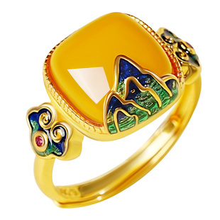 宫里上新蜜蜡戒指女珐琅纯银新中式国风食指指环生日礼物送妈妈