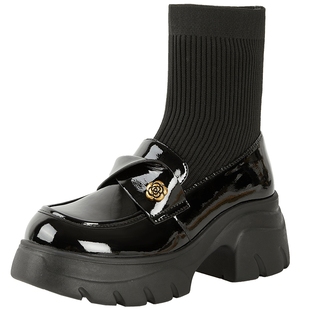 百田森厚底弹力靴女秋冬新款复古学院风一脚蹬乐福瘦瘦靴短靴子