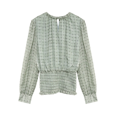 贰羊设计【玖鸢】法式通勤绿色雪纺长袖上衣女独特领打揽收腰衬衫