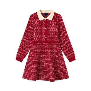 【新年款】POLOWALK女童长袖连衣裙2026新品撞色提花收腰连衣裙