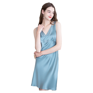 美标官方旗舰店睡衣夏季真丝女士无袖背心睡裙性感桑蚕丝蓝色