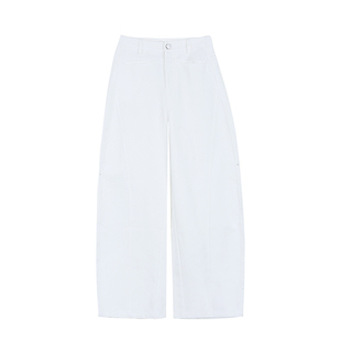 pusumede 周末漫步 白色廓形弯刀阔腿裤女宽松直筒休闲镰刀裤长裤
