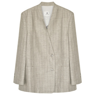 因由 老钱气质时尚套装混色条纹亚麻无领西装外套+休闲裤两件套女