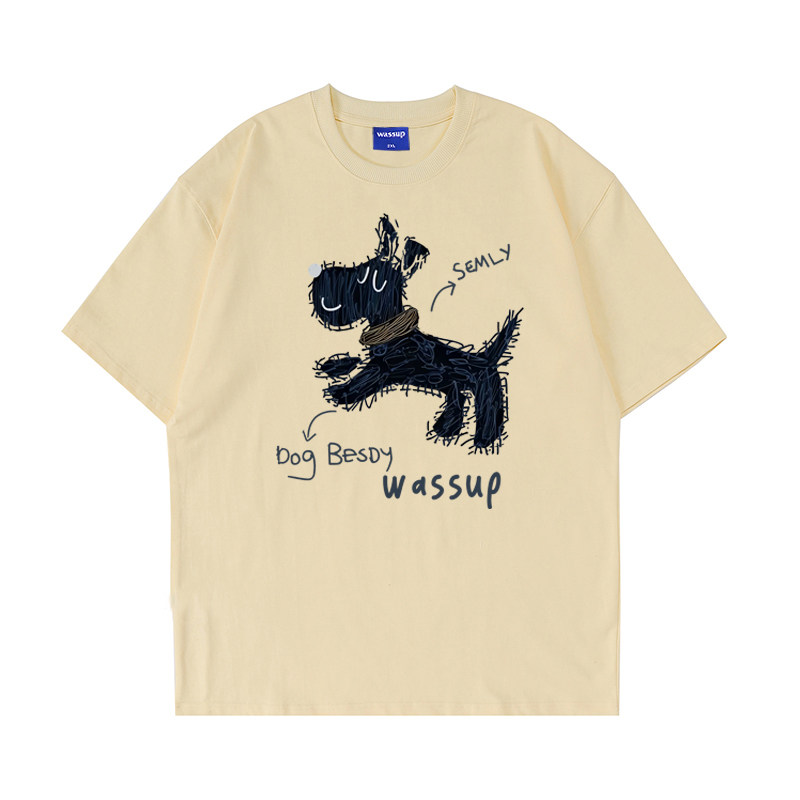 WASSUP线条狗狗短袖T恤男夏季简