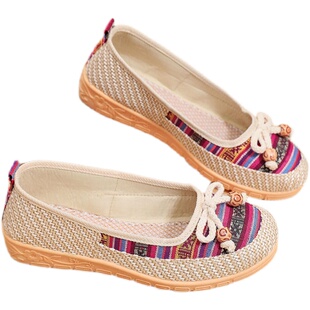 2024新款女鞋春夏单鞋软底老北京布鞋休闲一脚蹬妈妈鞋条纹散步鞋