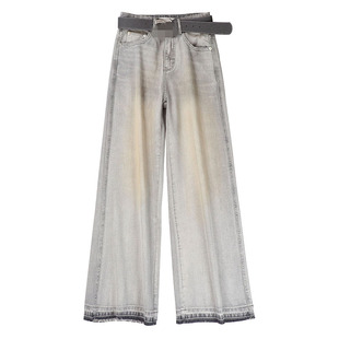 219欧货小蜜蜂夏季浅灰色薄款做旧直筒牛仔裤垂感宽松阔腿长裤女