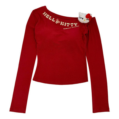 春秋美式辣妹红色长袖斜肩T恤女