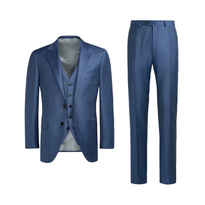 【小码】奥莱SUITSUPPLY中蓝色S150支羊毛商务休闲男士西装套装