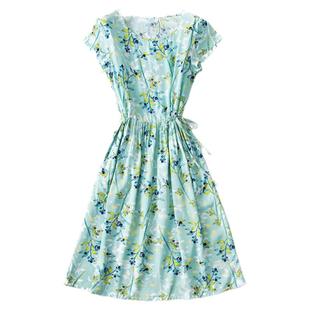 新款高端棉绸连衣裙女夏季中长款短袖显廋碎花大摆人造棉外穿裙子