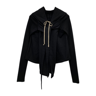 经典巫师大帽子不规则短款加绒厚暗黑系带纯色灰卫衣开衫外套女士
