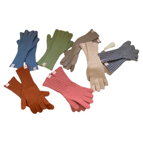 定制款~冬季长款蓝色针织手套女复古五指骑行防寒保暖可触屏手套