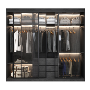 意式极简推拉门大衣柜实木网红轻奢玻璃门一门到顶整体衣橱衣帽间