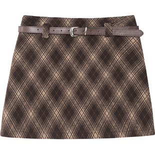 复古毛呢格纹半身裙高腰显瘦百搭包臀A字裙防走光内衬呢子短裙春