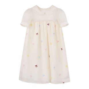 FF BLUE 提洛岛夏花 80天丝蝴蝶结刺绣气质小飞袖/娃娃领连衣裙女