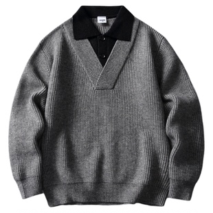 wtmp日系复古设计撞色假两件V领毛衣男女秋冬宽松软糯保暖针织衫