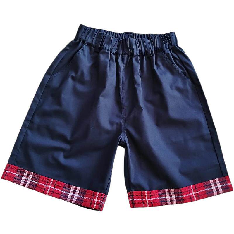 棵棵童藏青色拼格子短裤班服