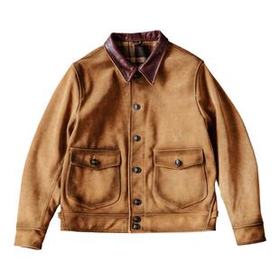 靛海美式重磅头层反绒牛皮擦色做旧皮夹克复古咔叽rr夹克外套秋冬