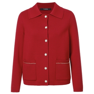 【蚕丝羊毛】NAERSI娜尔思气质红色翻领针织衫时尚外套女春季新款