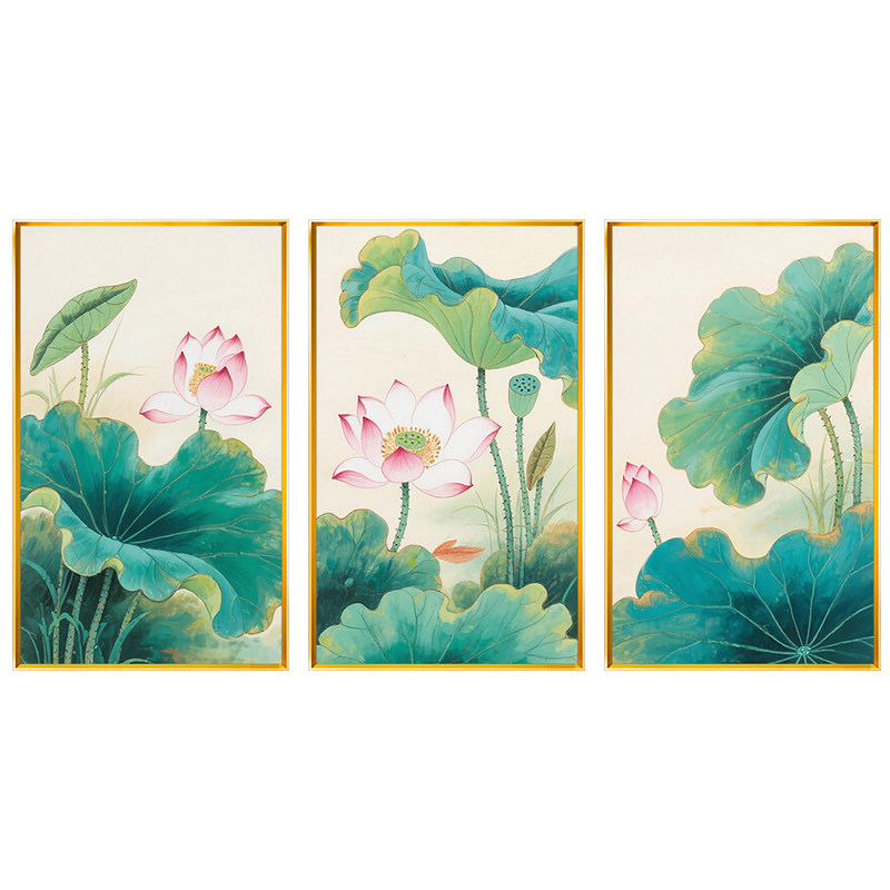 莲花荷叶现代三联画客厅十字绣2026新款自己手工线绣精准印花全绣