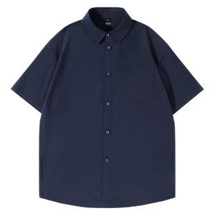 班尼路藏青色短袖衬衣男款夏季潮流简约干净上衣男士宽松衬衫薄A