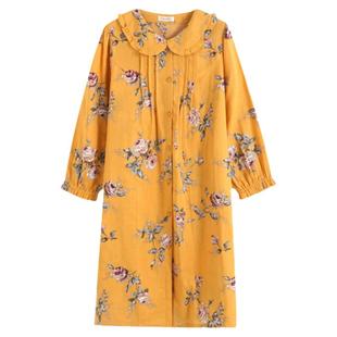 罗丝美秋冬新款纯棉睡裙双层纱印花长袖 小翻领全开襟睡衣  11216