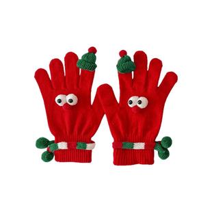 圣诞节手套秋冬纯棉针织儿童亲子袜搞怪保暖可爱新年红色五指手套