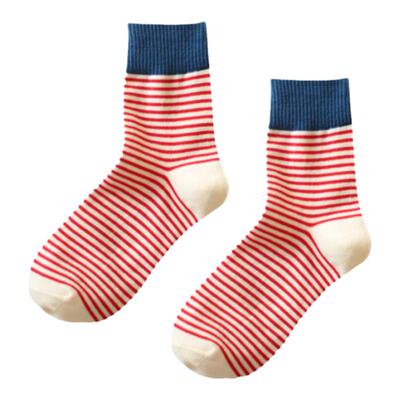 彩色条纹纯棉中筒袜子女