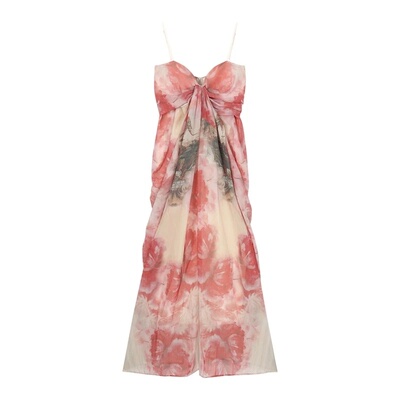 大码女装高级感梨形身材收腰显瘦吊带连衣裙女设计感复古印花长裙