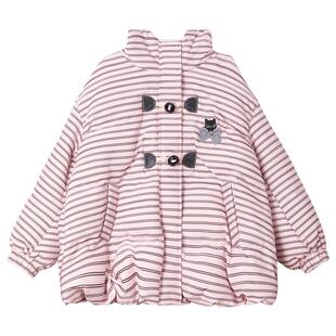 KEIKO 甜酷风粉色条纹连帽棉服棉袄冬季巨好看的加厚面包服外套