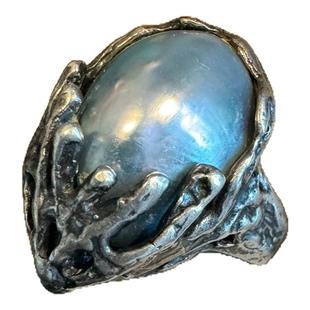 德国PE设计师perli银戒指野兽抽象派古董天然马贝通体925银戒指男