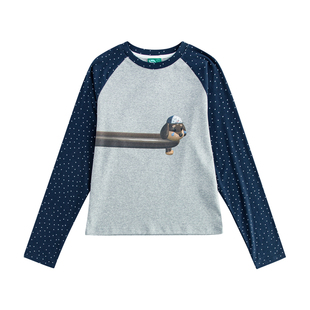 riverstone plus 圆领腊肠狗狗印花拼接长袖T恤女波点插肩打底衫