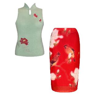 新中式复古时尚气质红色花鸟印花半身裙新款印花无袖上衣通勤套装