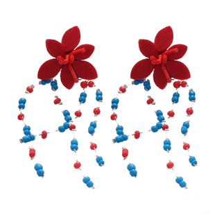 复古红蓝撞色花朵串珠流苏耳钉民族风夸张小众耳环度假风耳坠耳饰