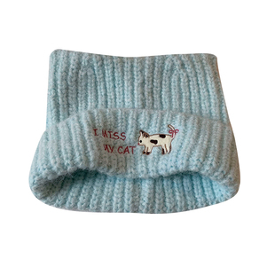 可爱猫咪耳朵刺绣蓝色毛线帽女秋冬保暖大头围显脸小防寒针织帽子