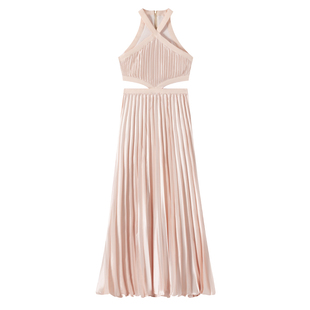 海边度假沙滩裙连衣裙三亚礼服百褶粉色拍照露腰海滩旅游连身裙女