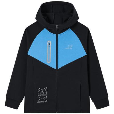 特步童装儿童外套男童春秋新款运动开衫大童连帽防风撞色针织上衣