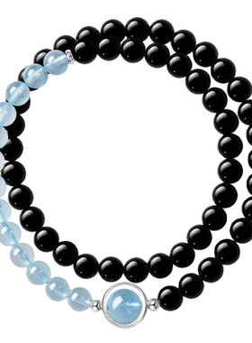 普陀山天然黑曜石海蓝宝水晶手串女款补水双圈原石手链招财礼物男