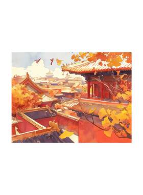北京故宫的秋数字油画diy手工画
