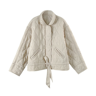 3ts秋冬短款菱格棉服白色轻薄棉衣系带夹棉外套袄子棉袄