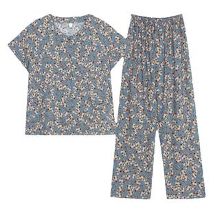 妈妈棉绸睡衣女夏季薄款中老年人造棉家居服2025新款短袖开衫套装