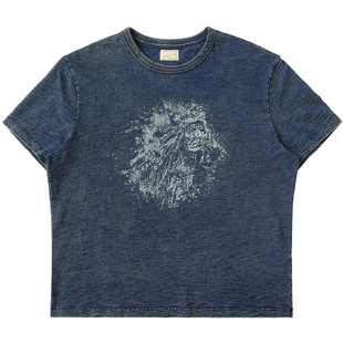 靛蓝竹节花纱印第安西部水洗做旧200克针织牛仔短袖T恤MBBCAR窄幅