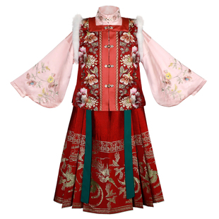 本格原创汉服女童冬装加绒加厚明制对襟织金马面裙中国风儿童拜年