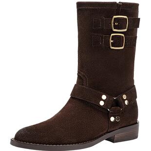 MIO米奥冬季圆头粗跟烟筒靴复古扣带骑士靴西部靴靴子女