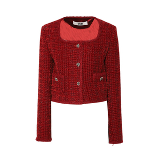 DPLAY2025秋季新款小香风外套红色西装女含羊毛粗花呢套装上衣