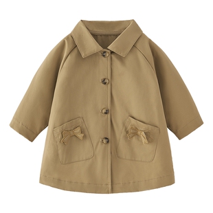 [7A抑菌]女童风衣春秋款宝宝春季翻领外套纯棉小童中长款儿童衣服