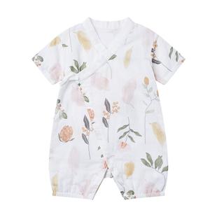 全棉时代婴儿夏季连体衣服夏天纱布薄款短袖新生宝宝和尚服