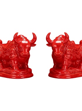 中式红色陶瓷生肖牛招财摆件