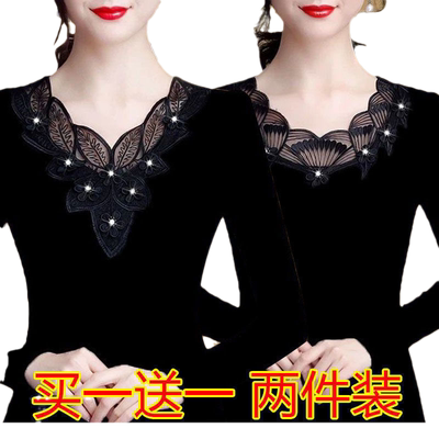 秋冬装加绒加厚蕾丝衫女2026新款修身显瘦长袖T恤保暖打底衫上衣