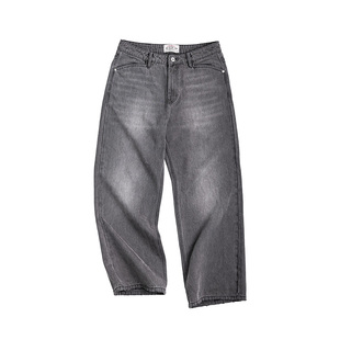 MRA男装 13.6OZ重磅猫须水洗牛仔裤直筒宽松做旧灰色工装长裤男春