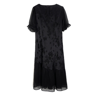 夏装新款显瘦大码胖MM雪纺连衣裙长款气质收腰遮肚子雪纺长裙黑色